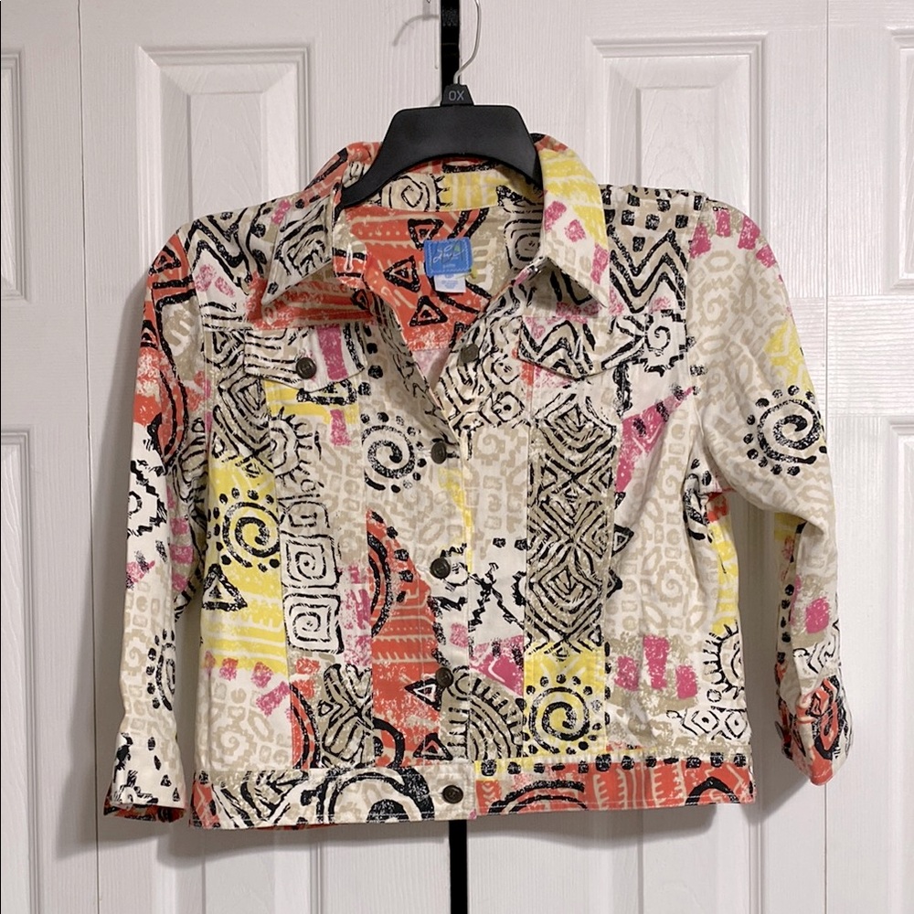 CUTE Lara Lane cotton stretch Aztec print Button Up Denim jacket coat sz 12